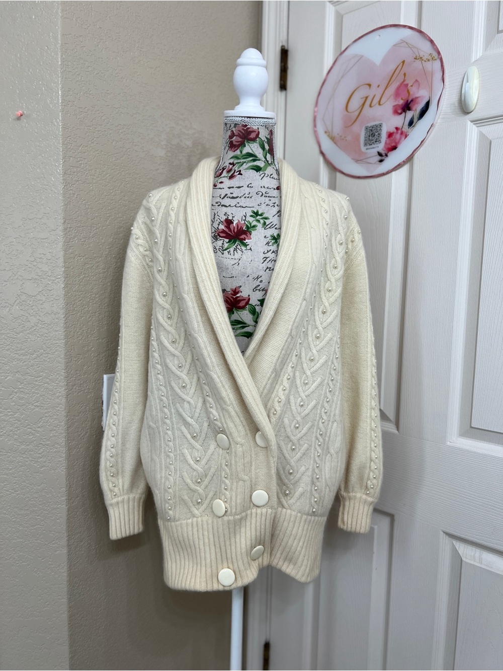 I.B Diffusion 80’s Ivory Cable-Knit Double-Breasted Lambs Wool Cardigan